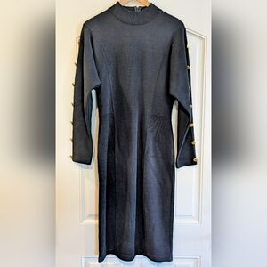 Elegant Black Batwing Long Sleeve Dress with Gold Accents